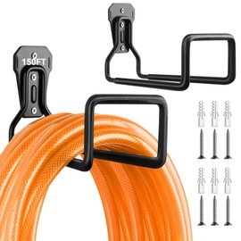 UPCERA Hose Holder Stand Wall Mount, 2Pcs Heavy Duty Garden Hose Hanger Reel, Metal Water Pipe Tube Hooks Rack for Outside Yard, Garage, Storage Organizer - Black