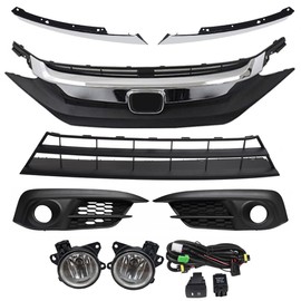 QPCRAP Front Bumper Hood Grille & Fog Lights Lamps Set Fit for Honda Civic 2016 2017 2018 8Pcs Upper & Lower Bumper Grille & Foglights with Wiring and Harness