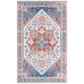 SAFAVIEH Arizona Collection Area Rug - 6' Square, Rust & Navy, Persian Design, Machine Washable & Slip Resistant, Ideal for High Traffic Areas in Living Room, Bedroom, Dining (ARZ120Q-6SQ)