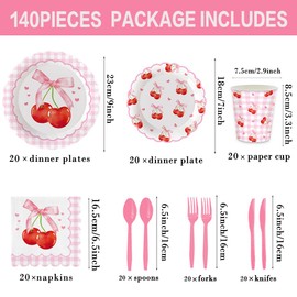 140Pcs Cherry Party Decorations Cherry Plates and Napkins Girl’s Birthday Party Supplies Cherry Paper Plates Summer Wedding Party Tableware Set, Serve 20 Guest