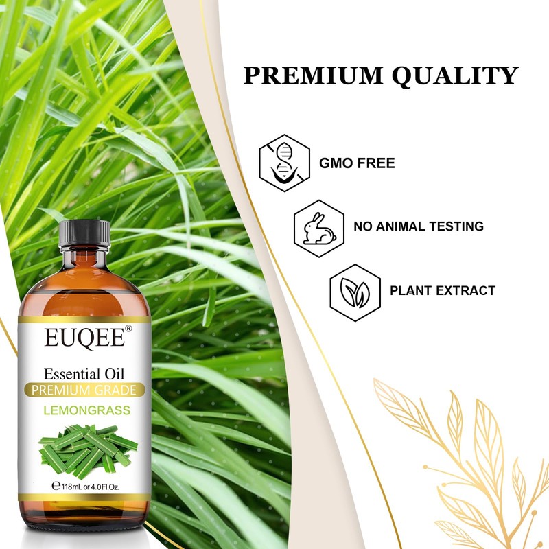 EUQEE Lemongrass Essential Oil 118ml Premium Lemongrass Oil with Glass