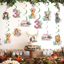 JOYMEMO 24Pcs Young Wild and Three Birthday Hanging Swirl Decorations, Double Sided Wild 3rd Birthday Swirls Ceiling Streamers for Girls, Pink Jungle Safari Animal Theme Party Supplies