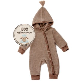 MIRARI Kids Wolloverall Baby Wool Fleece Suit 100% Fleece Wool Autumn Winter First Equipment with Buttons and Hood, beige