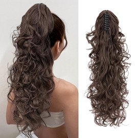 MY-LADY Ponytail Extension, 24" Claw Clip Ponytail Hair Extension for Women Wavy Curly Hairpiece Synthetic Fake Hair Pieces Medium Brown