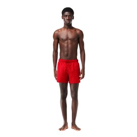 Lacoste Men's Standard Solid Elastic Waist Swim Trunks, Red/Green, Medium