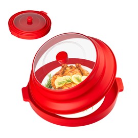 2 in 1 Microwave Splatter Cover for Food with Anti-scald Base Plate, Large Plastic & Silicone Collapsible Vented Food Guard Lid, Plate Holder & Kitchen Colander (Red)