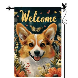 Gormcore Welcome Cute Happy Dog Amidst Flowers with Butterflies Illustrative Style Spring Summer Garden Flag Vertical Double Sided Garden Flag Seasonal Rustic Yard Lawn Outdoor Decor 12.5x18"