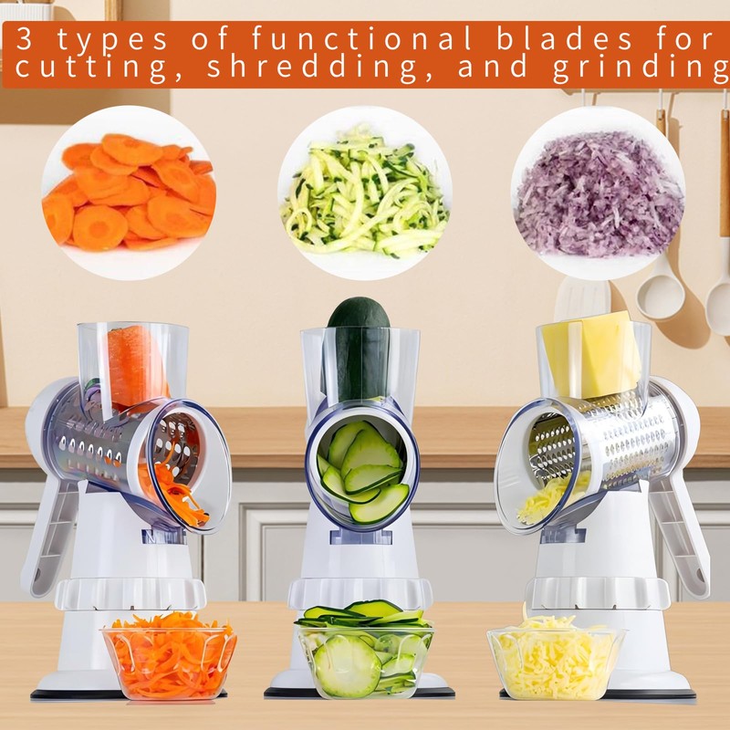 Cheese Grater, Manual Drum Grater with 3 Removable Drum Blades,