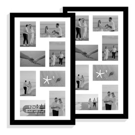 Hongkee 12x22 Picture Frame Set of 2, Black with Glass Collage Frame, Display Eight Opening 4x6 Photos With Mat or 12 x 22 Newspaper Without Mat - Horizontal or Vertical Wall Mounting