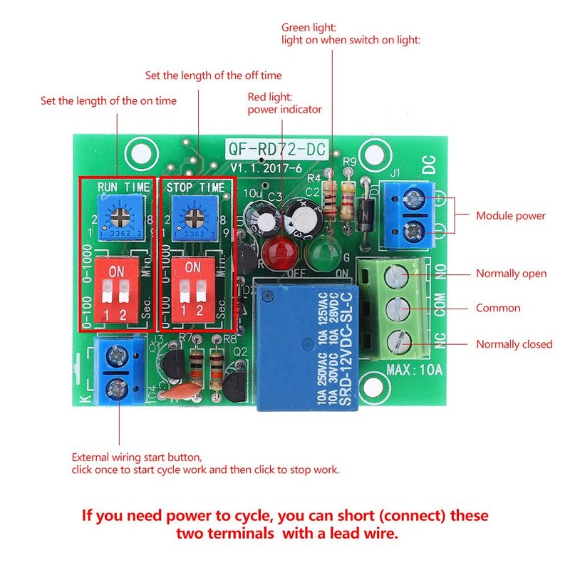 TICFOX RD72-DC-12V Continuous Cycle On/Off Relay Module, Trigger Delay Switch,