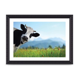 Lithobee - Cow In Field - Printed Wall Art Design in Sizes A2, A3 & A4 Framed in a Stylish Quality Coloured Frame or Unframed (A4 Black Ornate Frame)