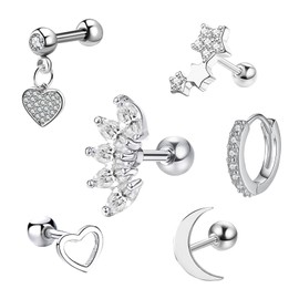 6PCS Silver Stud Earrings for Women Stud Hoop Earring Set Small Huggie Hoops Earrings Trendy Cubic Zirconia Cartilage Earring Hypoallergenic Drop Dangle Earrings Jewelry Christmas Birthday Gift (A3)