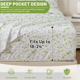 Bedlifes Floral Sheets Queen Ultra Soft Floral Bed Sheets Cute Printed Queen Sheet Set 100% Microfiber 16" Deep Pocket Sheets -4 Piece(Green Floral) Queen Size