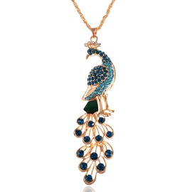 Alilang Golden Tone Blue Green Colored Rhinestone Peacock Bird Pendant Chain Necklace