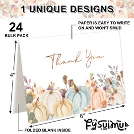 FYSUIMU 24 Pack Fall Thank You Cards with Envelopes Stickers Watercolor Pumpkin Floral Fall Thank You Note Cards Bulk for Autumn Thanksgiving Wedding Baby Shower Party Supplies, 4 x 6 Inch