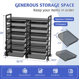 Simple Trending Rolling File Storage Cart, 15-Tier Metal Desk File Organizer with 14 Mesh Sliding Trays, Multi-Functional Clutter Cart for Office Home School, Black