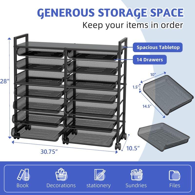 Simple Trending Rolling File Storage Cart, 15-Tier Metal Desk File