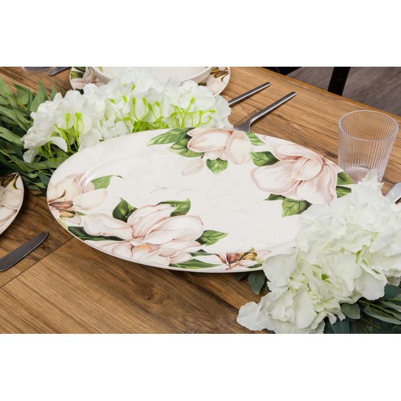 Bico Magnolia Floral Ceramic 16 inch Oval Platter, Microwave &