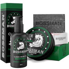Bossman Starter Beard Kit for Men – Beard Oil (2 oz), Beard Balm & Bar Soap – Natural & Organic Grooming Kit – Made in the USA Men Gift Set (Vetiver X Scent)