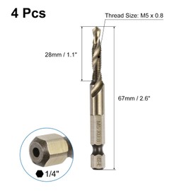 sourcing map 4pcs Combination Drill and Tap Bits Metric M5 x 0.8 Thread 1/4" Hex Shank Roasted Yellow Threading Screw Taps 6542 High Speed Steel Machine Drilling Tapping Tool Kit
