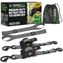 Rhino USA Retractable Ratchet Straps (2-Pack) - 1 Inch x 10 Feet (1,209lb Break Strength) - Auto Self Retracting Tie Down Straps for Truck, Cargo Trailer, Motorcycle, ATV, UTV - Gray