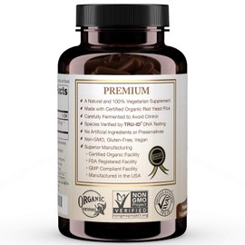 Certified Organic Red Yeast Rice Supplement - 120 Capsules, 2 Month Supply