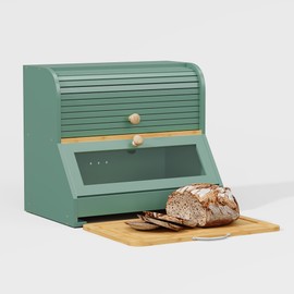 HOLTICO Roll Top Bamboo Bread Box with Cutting Board for Kitchen, Green