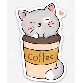 Coffee Cat Kawaii doodle MAGNET - Vinyl Die cut Cat and Coffee Lovers