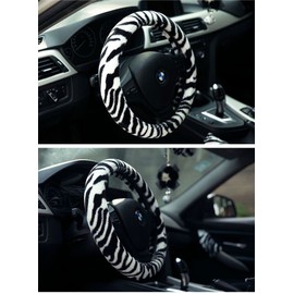 Follicomfy Fluffy Zebra Plush Steering Wheel Cover for Women/Girls/Ladies, Soft Fur Steering Cover for Winter Warm, Universal 15 inch, Black White