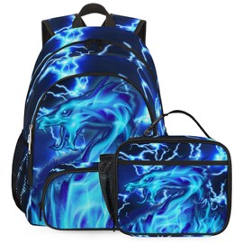 TropicalLife Blue Backpack Set with Lunch Box, Dragon Lightweight Travel Camping Hiking Gym Casual Daypack 18 Inches