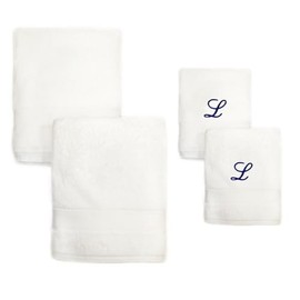 Pretty Monogrammed 2 Piece White Cotton Turkish Bath Towel & Hand Towel Set with Embroidered Blue Script L | Soft Terry Finish Extra Absorbent Quick Dry Plush Extra Absorbent Thick Durable Soft