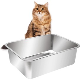 Kichwit Large Stainless Steel Cat Litter Box with High Sides, Metal Litter Pan for Big Cats, Non Stick Smooth Surface, Easy to Clean (23.4" L x 15.5" W x 7.6" H)