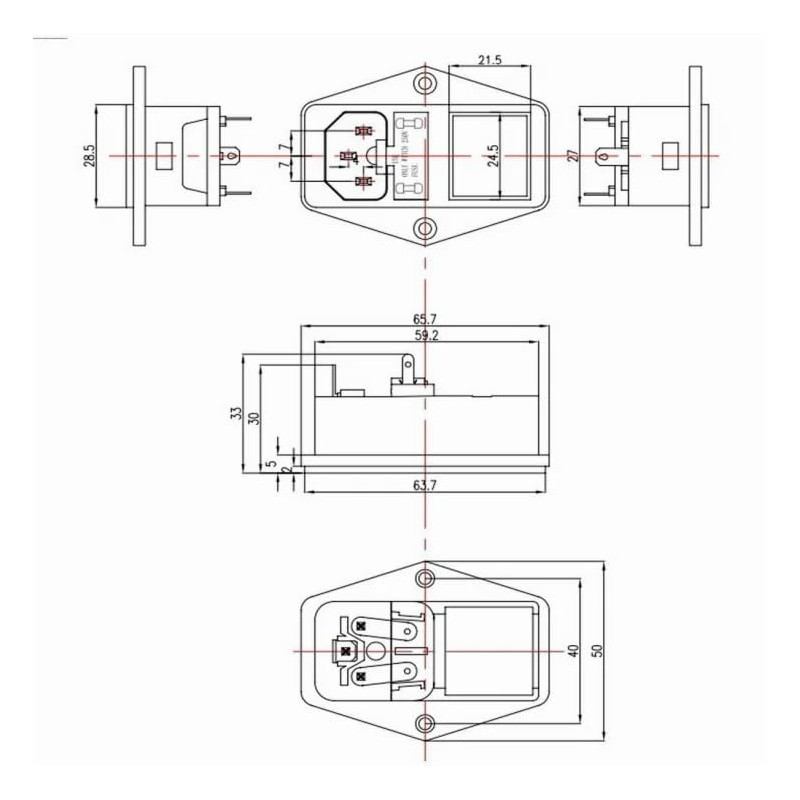IEC Built-in Socket C14, with Green Switch and Two Fuses,