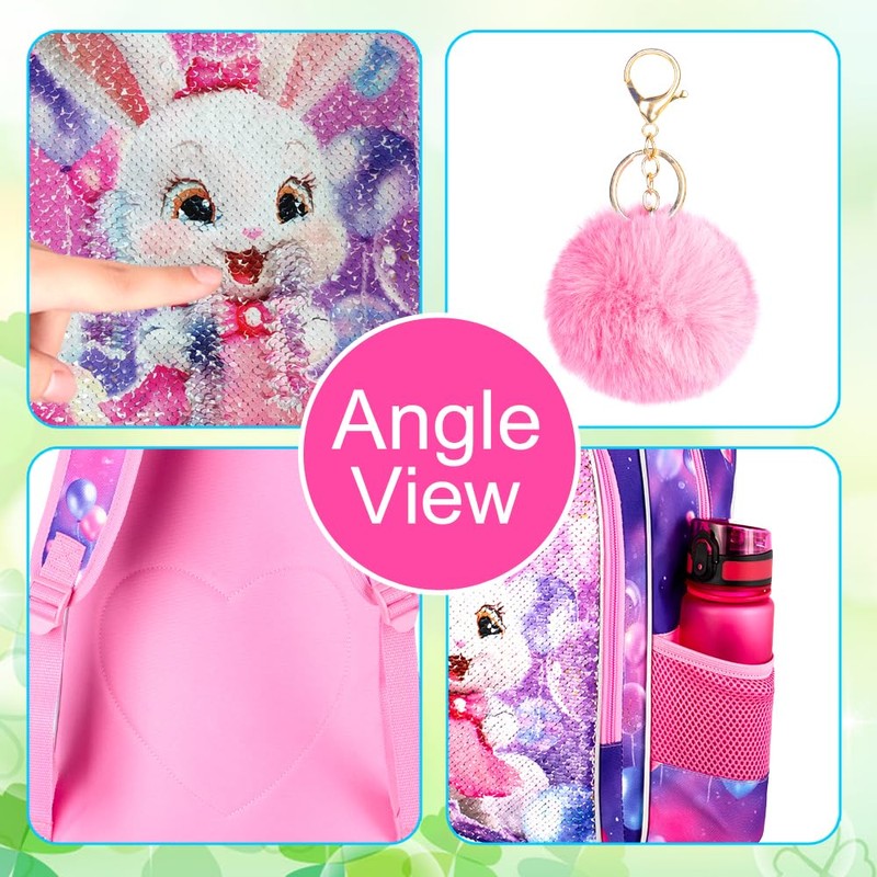 ZLYERT 16" Bunny Backpack, 3Pcs Girls Sequin Bookbag for Elementary