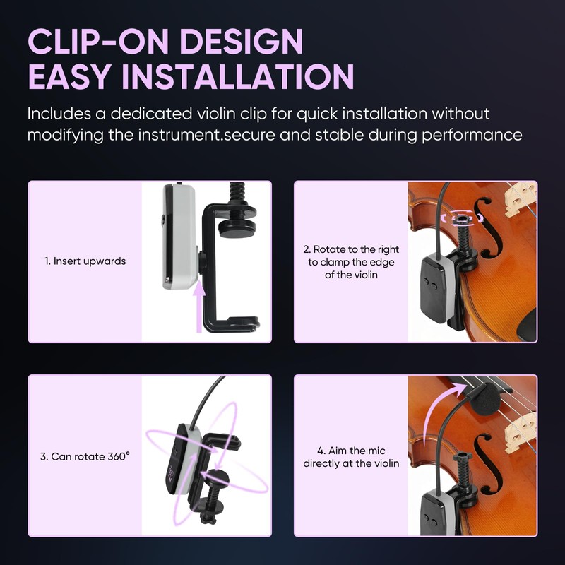 MICNAUX UHF Wireless Violin Microphone System, Rechargeable Clip-on Instrument Microphones