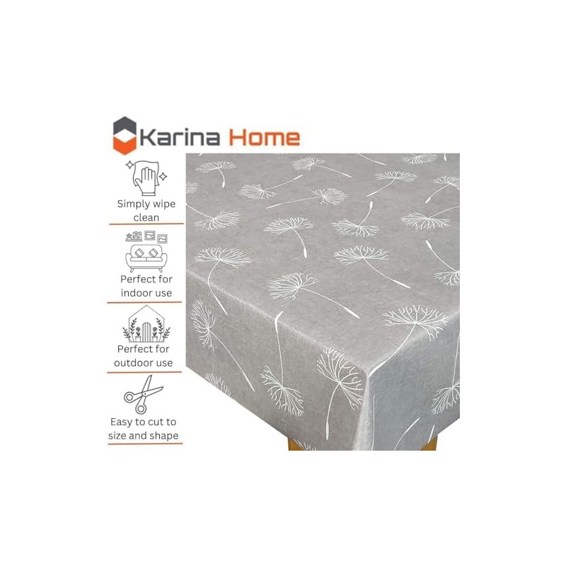 Karina Home Megan Wipe Clean Tablecloth Vinyl PVC (Grey, 120cm