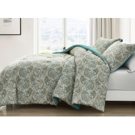 Chezmoi Collection Presley 3-Piece Full Size Washed Cotton Paisley Comforter Set - Elegant Teal Ivory Brown Paisley Floral Printed Bedding Set Reversible Lightweight Comforter for All Season