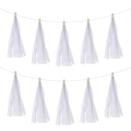MECCANIXITY 25Pcs White Tassel Garland Banner with Rope Tissue Paper Tassels Party DIY Kits for Anniversary Wedding Birthday Party