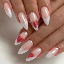 Valentines Press on Nails Almond Fake Nails French Tip False Nails Red Heart Artificial Nails White Nail Tip Glossy Acrylic Nails Valentine’s Day Stick on Nails Cute Glue on Nails for Women Girls