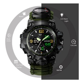 Kavie Mens Sports Digital Watch, 23-in-1 Survival Multi-Functional Outdoors Waterproof Sports Watches Dual Display Analog LED Electronic Wristwatches