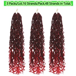 BALINGHAIR Goddess Locs Crochet Hair Ombre Black to Red 18 Inch 3 Packs Bohemian Faux Locs Crochet Hair With Curly Ends Pre Looped Hair Extensions 16 Roots/Pack(1B/Red)