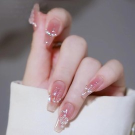 Nail Tip, Long Nail Tip, 24 Pieces, Glitter, Glossy, 3D, Korea, Popular, Stylish, Gel Nails, Nail Seal, Cute, Long, Bride Nail, Handmade Nail Tip, Double-Sided Tape, Butterfly, 3D Nail Clip, Wedding,
