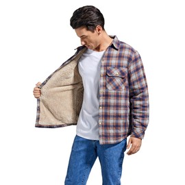 Puwasa Mens Thermal Sherpa Fleece Lined Flannel Button Down Long Sleeve Jackets Plaid Coats for Men Orange Small