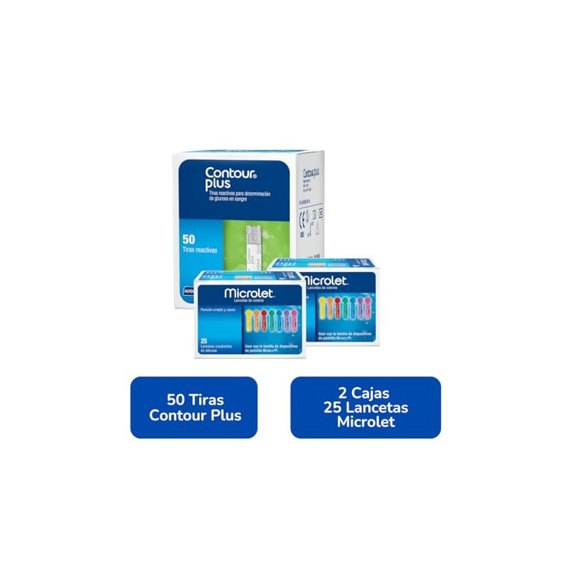 Contour Plus Paquete 50 Tiras Y 50 Lancetas P Glucometro
