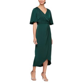 S.L. Fashions Women's Surplice Neck Midi Wedding Guest Dress with Flutter Sleeves (Petite & Regular Sizes), Deep Green