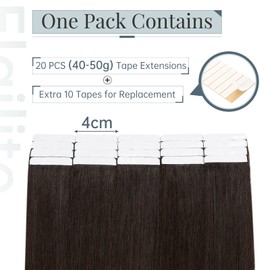 Elailite Tape Extensions Real Hair Brown, 20 Pieces, 45 cm, Invisible Glue Hair Extensions, Real Human Hair, 50 g, #2 Dark Brown