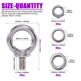 Swpeet 8 Pieces 304 Stainless Steel M12 Male Thread Lifting Ring Eyelet Bolt Kit, Includes 2 Pieces M5 Eye Bolt with 2 Pieces Locking Nut, 2 Pieces Washers and 2 Flat Washers