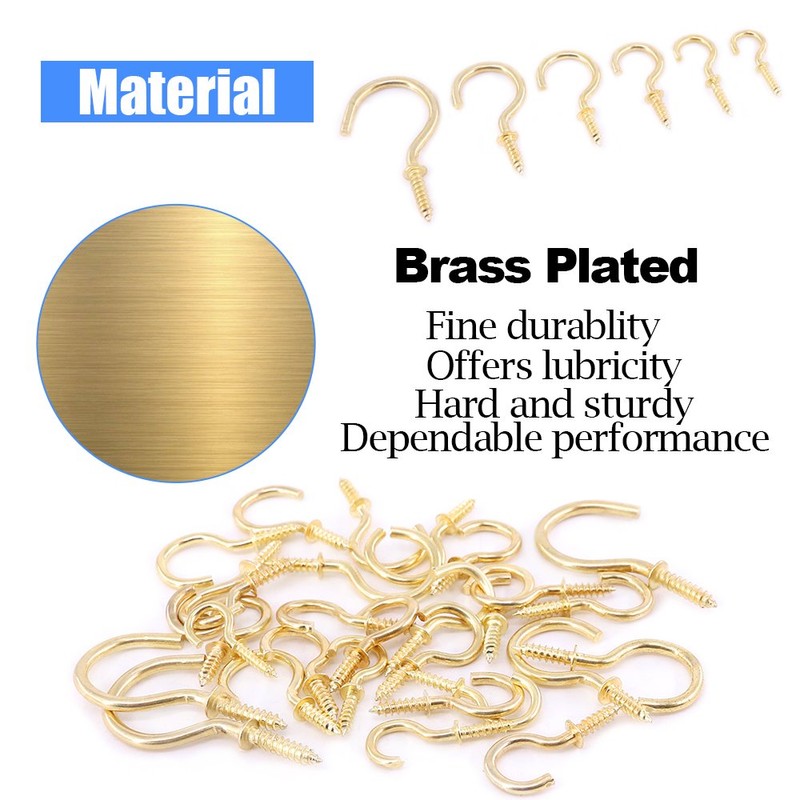 Glarks 120-Pieces 6 Size Brass Plated Screw-in Cup Hooks Lag