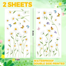 Whaline Spring Summer Floral Window Cling Stickers Daisy Flower Butterfly Window Decals Large Reusable Seasonal Nature-Inspired Flower Glass Decoration for Party Home Shop Display, 2 Sheets