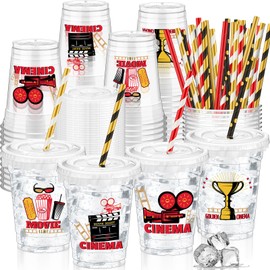 FoldTier 50 Pcs Movie Night Cups 12 oz Disposable Plastic Cups with Straws and Lids Cinema Clear Cup Birthday Cups Supplies Birthday Table Decorations Party Favor